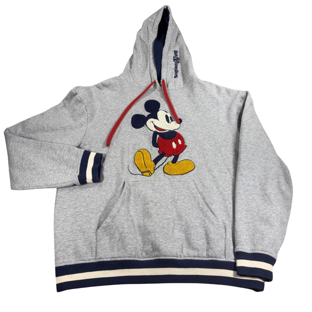 Disney Mickey Mouse Chenille Patch Hoodie Gray Walt Disney World Pullover Medium